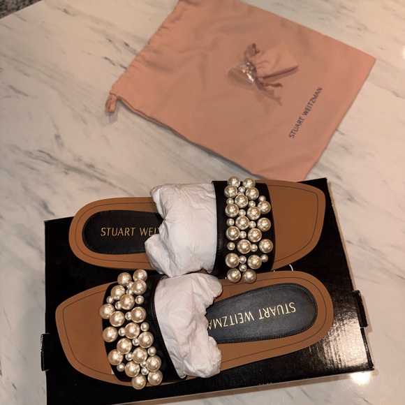 Stuart Weitzman Shoes - Stuart Weitzman Black Pearl-Embellished Slide Mules SIZE 9